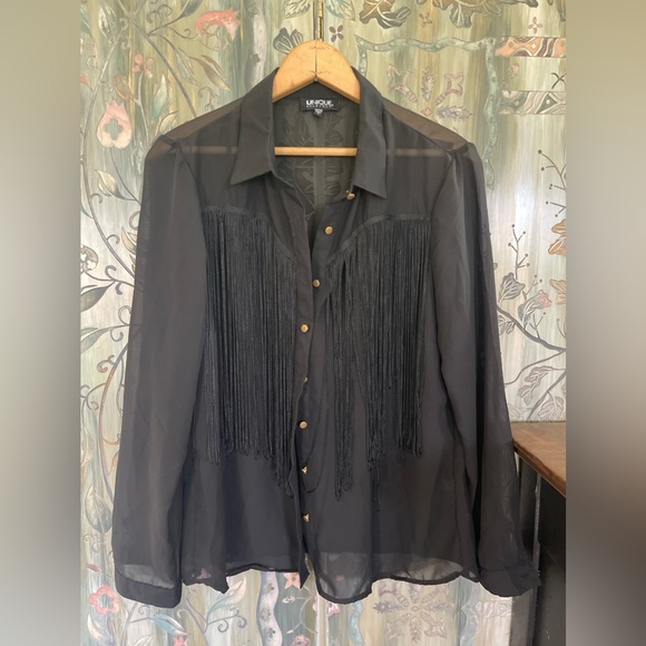 black sheer button up with black tassels - Picture 1 of 3